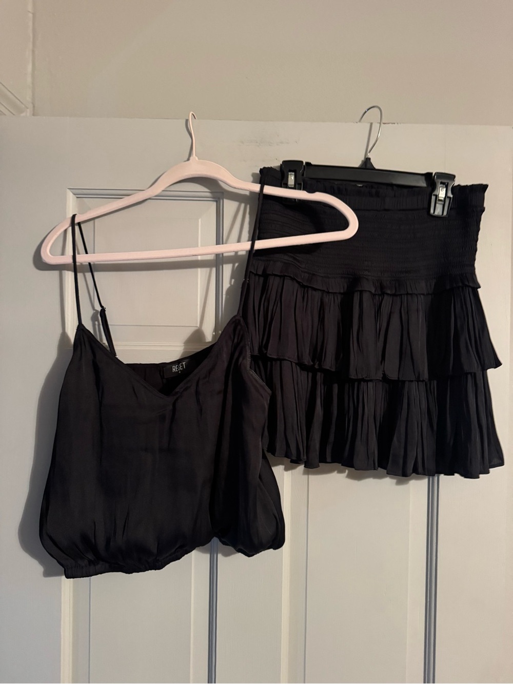 The Reset Black Ruffle Tiered Mini Skirt with Spaghetti Strap Cami